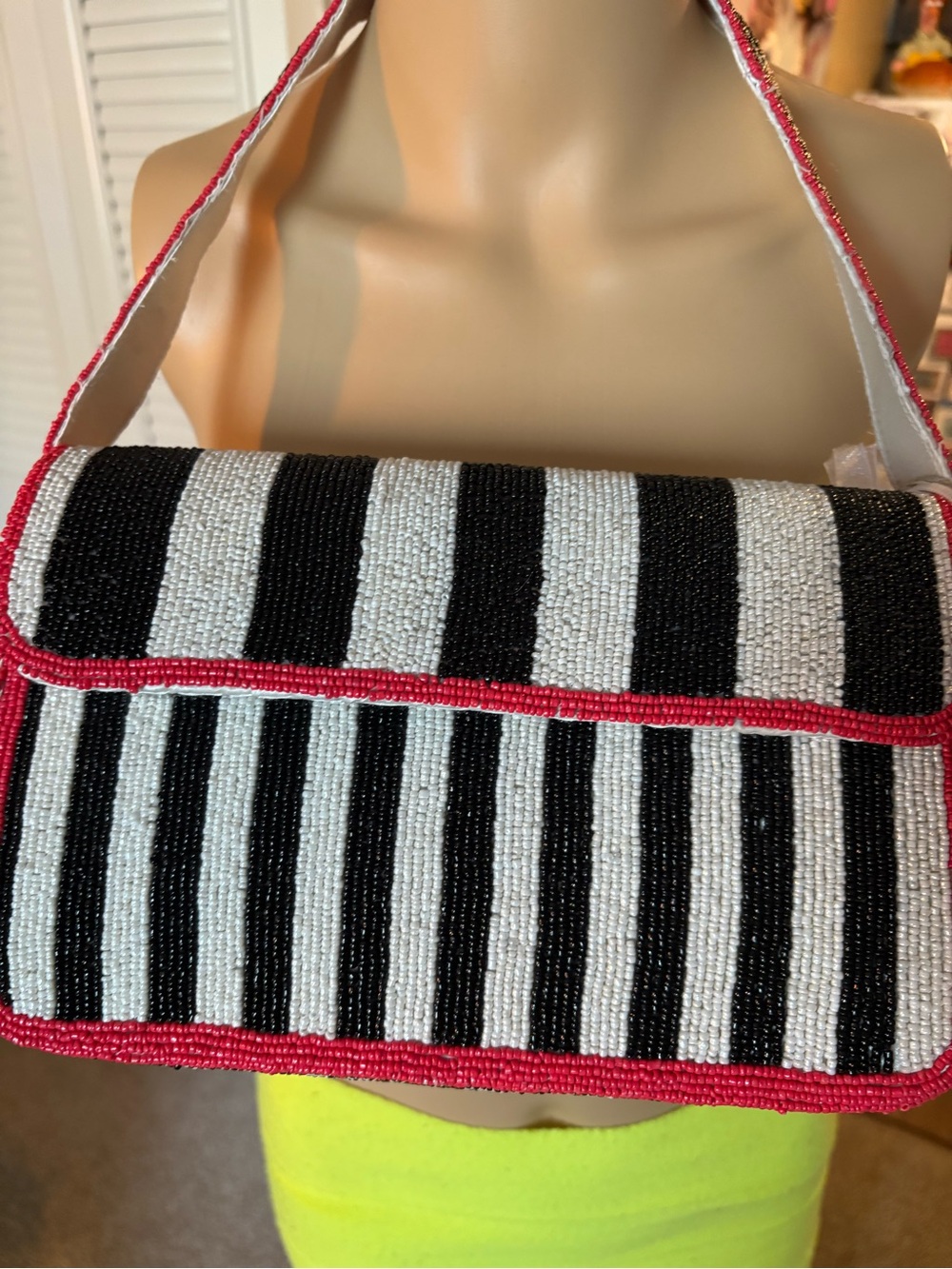 Black & White Striped Beaded Bag with Red Bead Trim NWT